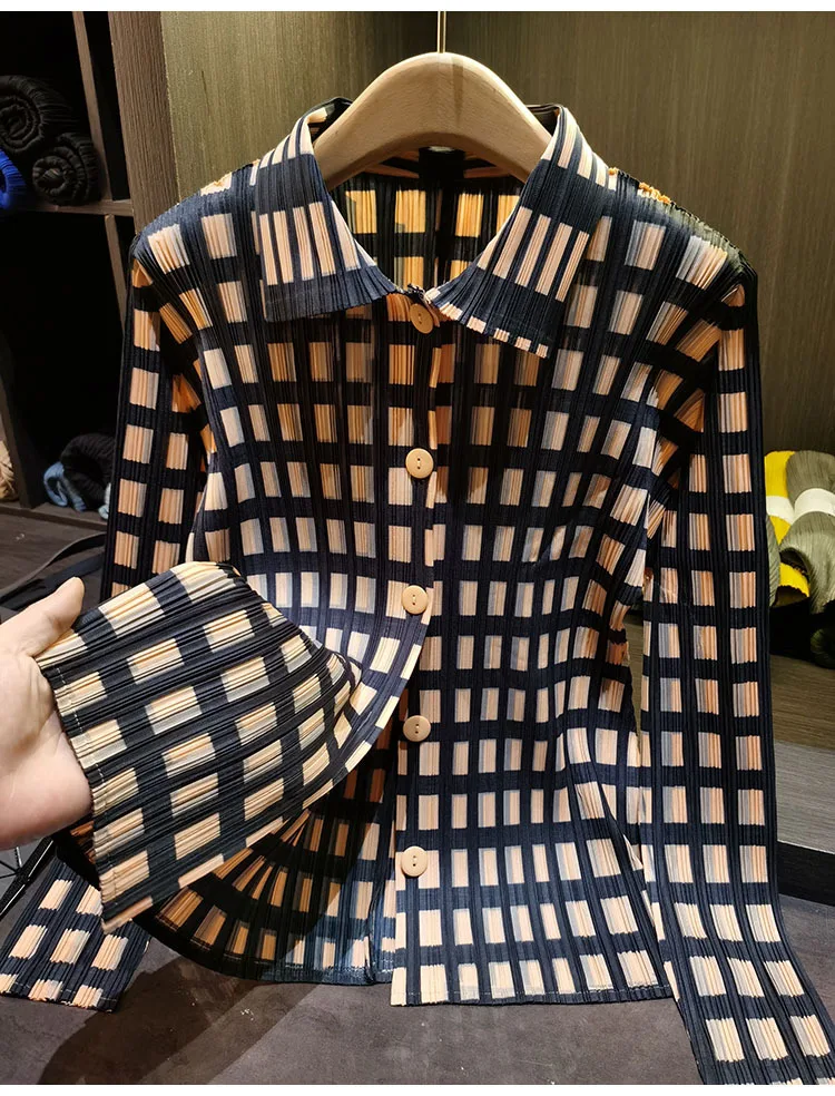 Miyake Pleated Shirt 2026 Spring Summer Plaid Top Women's Simple Loose Slim Versatile Casual Long Sleeve Single-Breasted Blouse