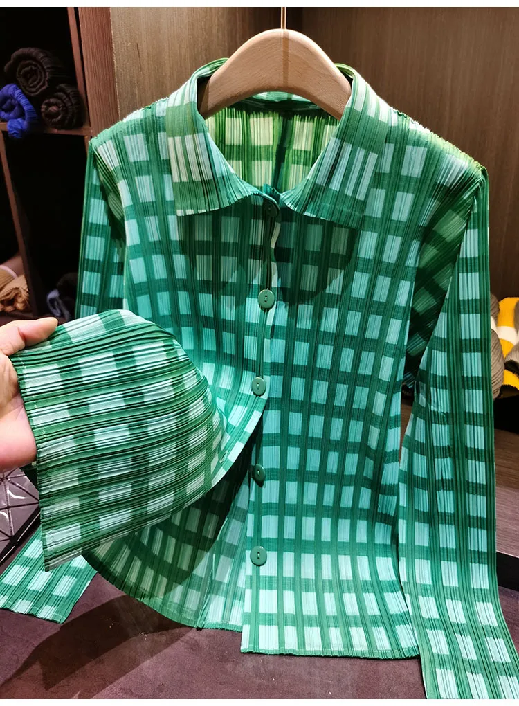 Miyake Pleated Shirt 2026 Spring Summer Plaid Top Women's Simple Loose Slim Versatile Casual Long Sleeve Single-Breasted Blouse