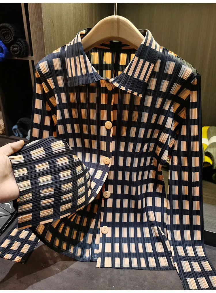 Miyake Pleated Shirt 2026 Spring Summer Plaid Top Women's Simple Loose Slim Versatile Casual Long Sleeve Single-Breasted Blouse