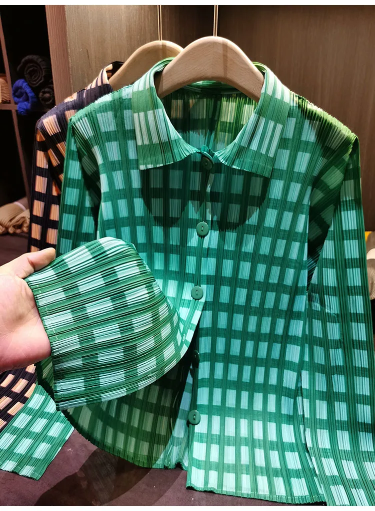 Miyake Pleated Shirt 2026 Spring Summer Plaid Top Women's Simple Loose Slim Versatile Casual Long Sleeve Single-Breasted Blouse