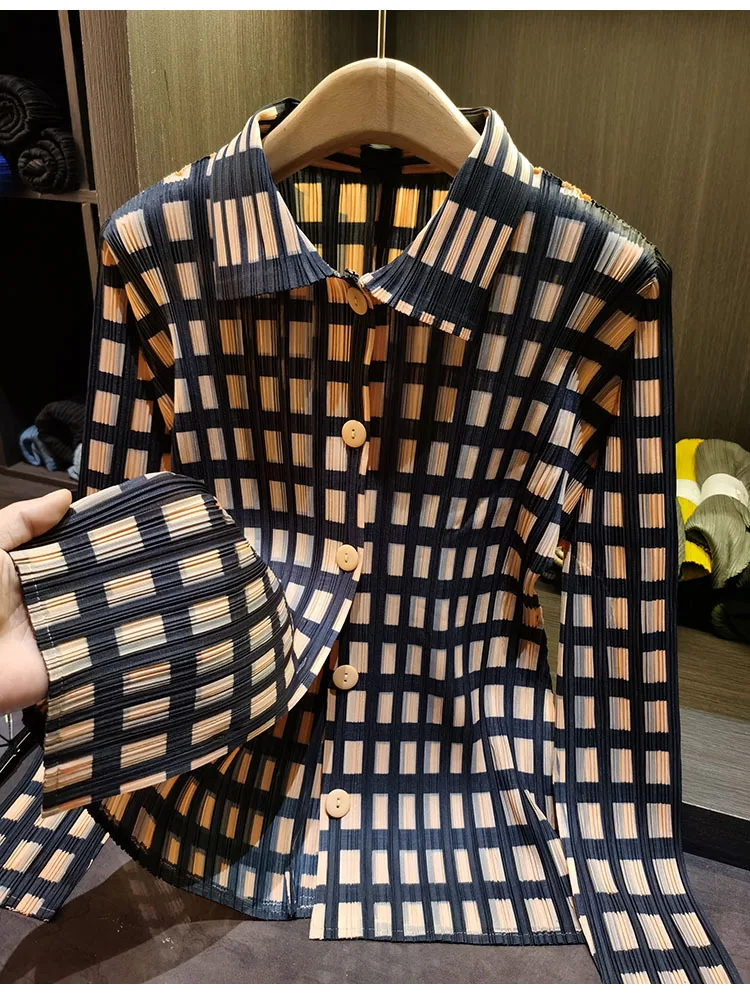 Miyake Pleated Shirt 2026 Spring Summer Plaid Top Women's Simple Loose Slim Versatile Casual Long Sleeve Single-Breasted Blouse