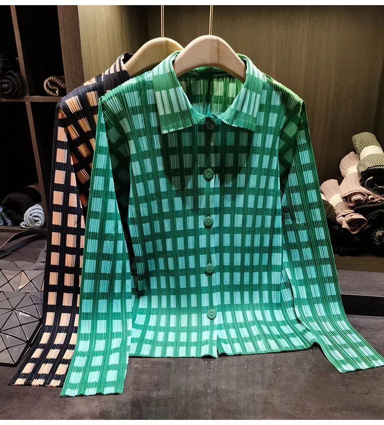 Miyake Pleated Shirt 2026 Spring Summer Plaid Top Women's Simple Loose Slim Versatile Casual Long Sleeve Single-Breasted Blouse