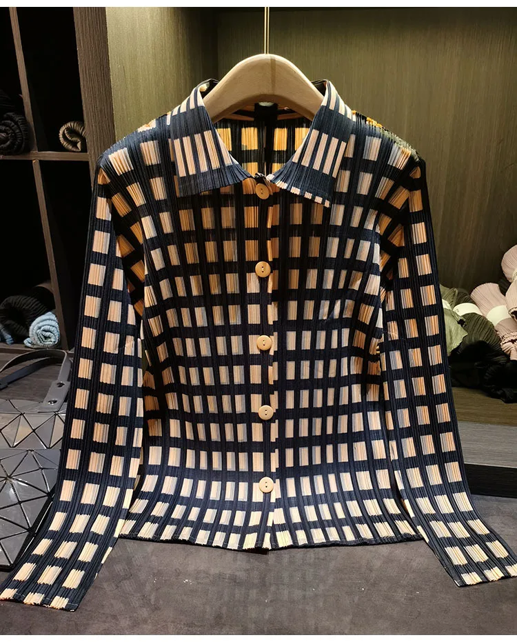 Miyake Pleated Shirt 2026 Spring Summer Plaid Top Women's Simple Loose Slim Versatile Casual Long Sleeve Single-Breasted Blouse