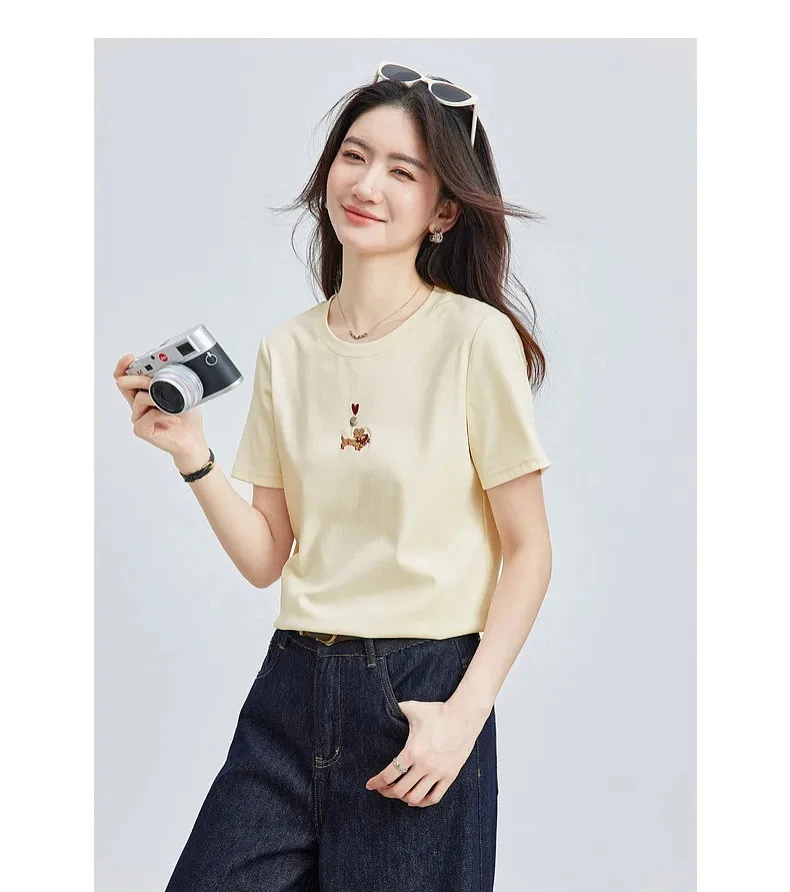 VIMLY Minimalist Cartoon Embroidered Tops for Women 2026 Summer New Versatile Casual Round Neck Cotton Short Sleeve Tee A6625