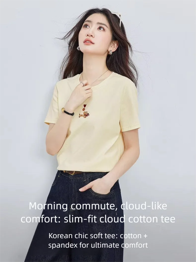 VIMLY Minimalist Cartoon Embroidered Tops for Women 2026 Summer New Versatile Casual Round Neck Cotton Short Sleeve Tee A6625