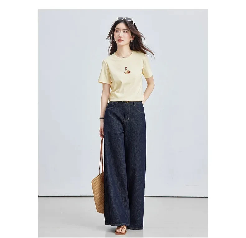 VIMLY Minimalist Cartoon Embroidered Tops for Women 2026 Summer New Versatile Casual Round Neck Cotton Short Sleeve Tee A6625