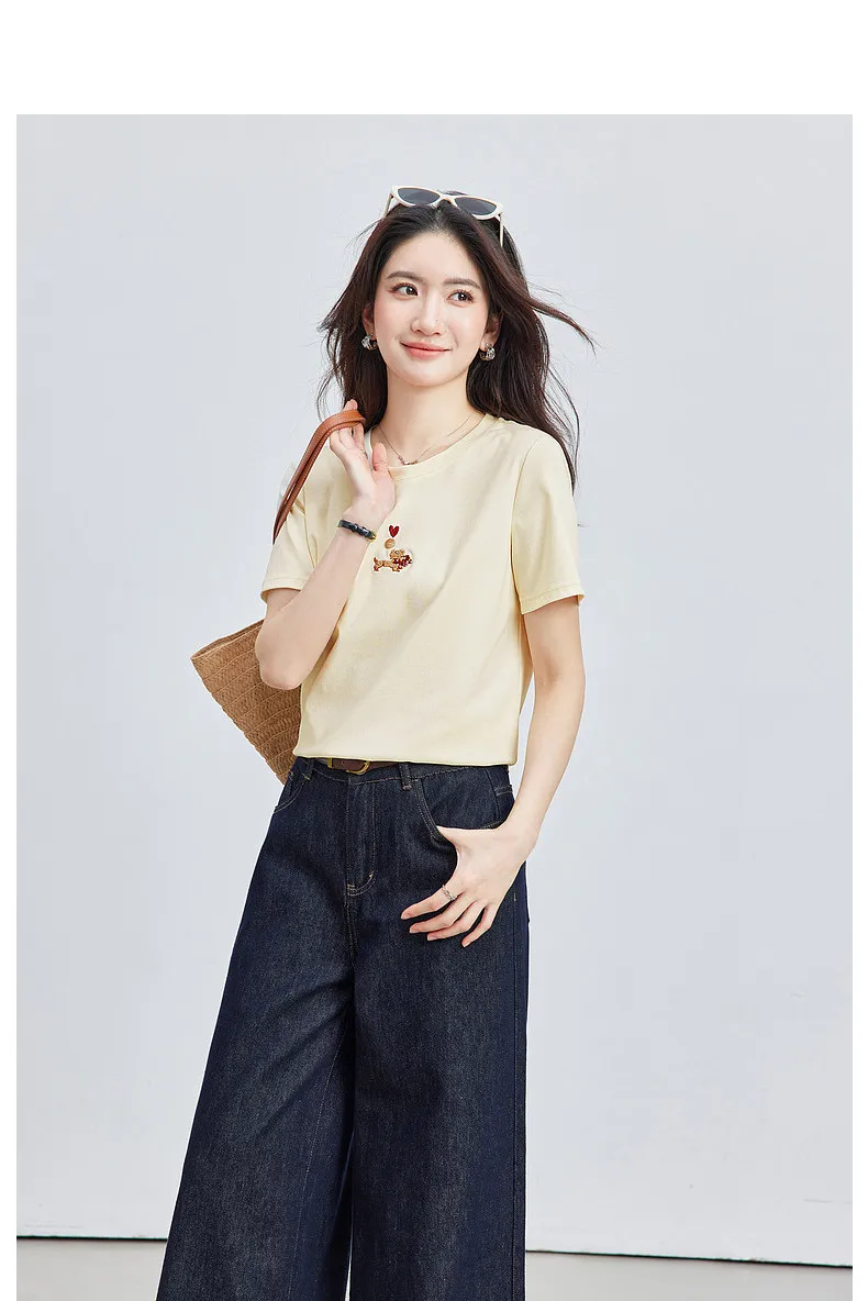 VIMLY Minimalist Cartoon Embroidered Tops for Women 2026 Summer New Versatile Casual Round Neck Cotton Short Sleeve Tee A6625