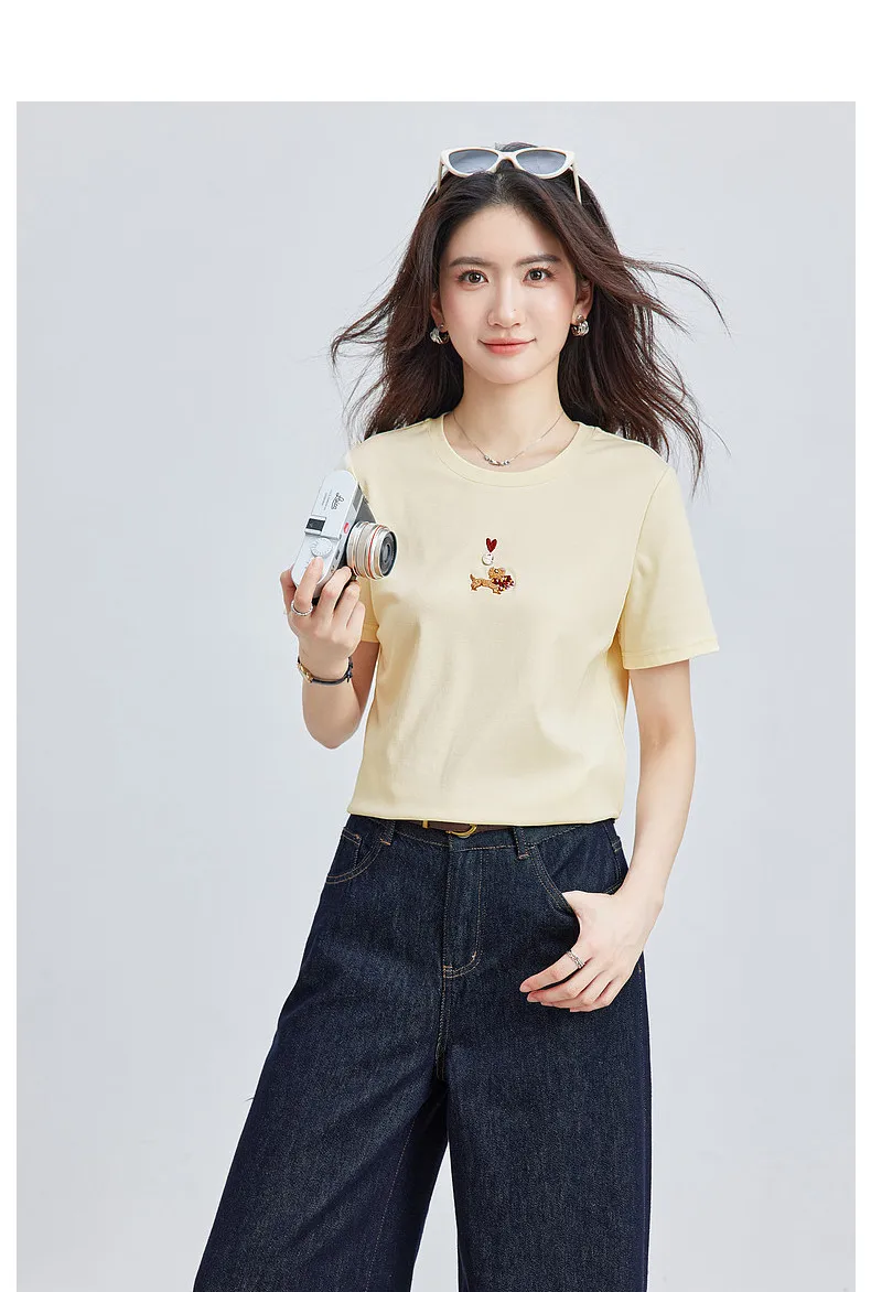 VIMLY Minimalist Cartoon Embroidered Tops for Women 2026 Summer New Versatile Casual Round Neck Cotton Short Sleeve Tee A6625