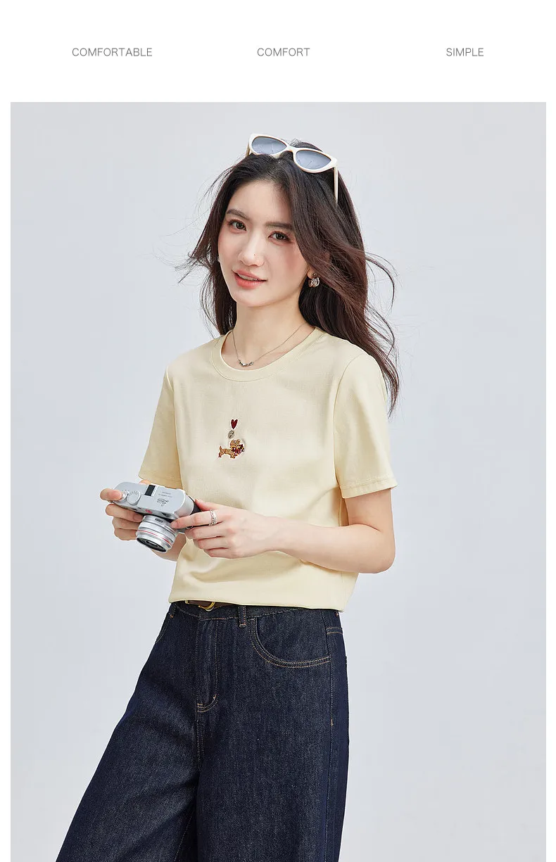 VIMLY Minimalist Cartoon Embroidered Tops for Women 2026 Summer New Versatile Casual Round Neck Cotton Short Sleeve Tee A6625