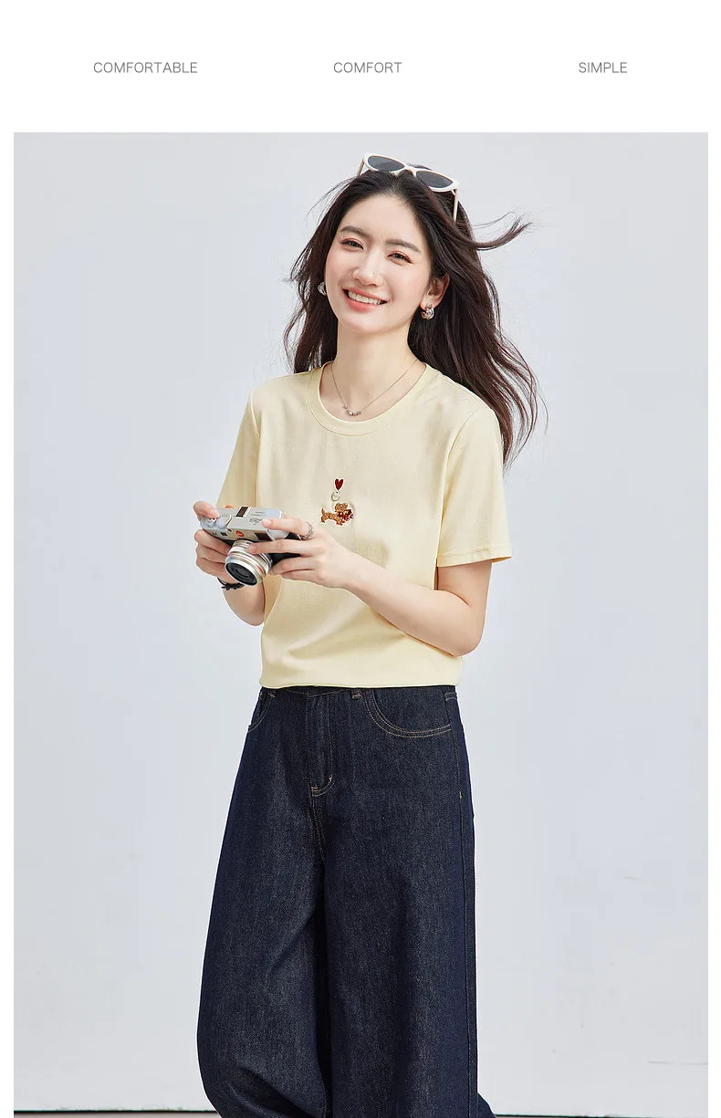 VIMLY Minimalist Cartoon Embroidered Tops for Women 2026 Summer New Versatile Casual Round Neck Cotton Short Sleeve Tee A6625