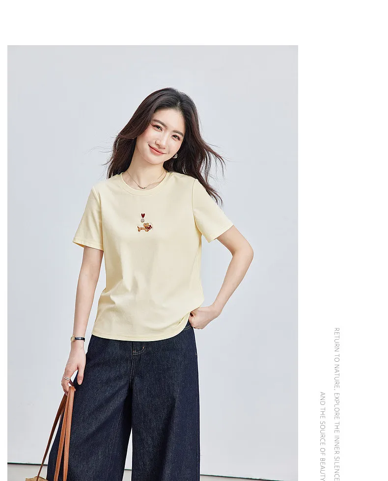 VIMLY Minimalist Cartoon Embroidered Tops for Women 2026 Summer New Versatile Casual Round Neck Cotton Short Sleeve Tee A6625