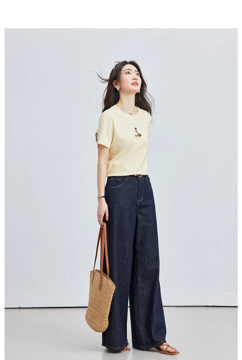 VIMLY Minimalist Cartoon Embroidered Tops for Women 2026 Summer New Versatile Casual Round Neck Cotton Short Sleeve Tee A6625
