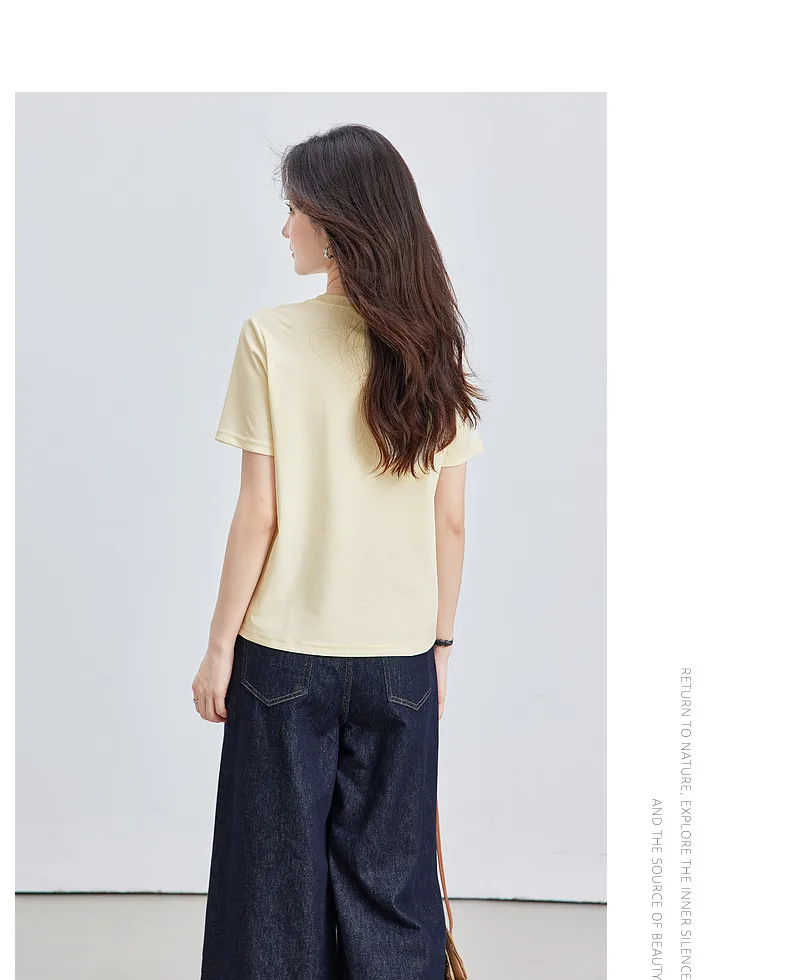 VIMLY Minimalist Cartoon Embroidered Tops for Women 2026 Summer New Versatile Casual Round Neck Cotton Short Sleeve Tee A6625