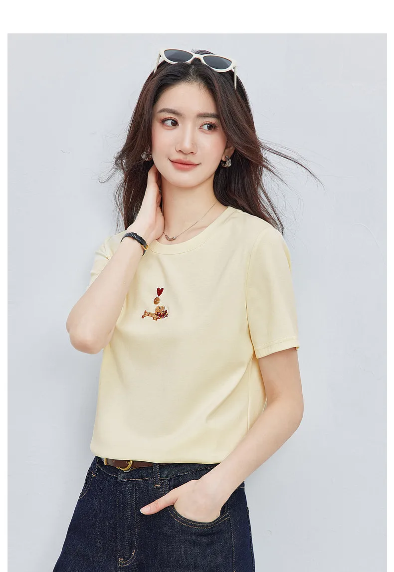 VIMLY Minimalist Cartoon Embroidered Tops for Women 2026 Summer New Versatile Casual Round Neck Cotton Short Sleeve Tee A6625