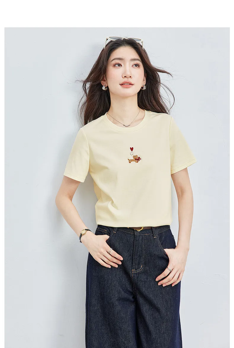 VIMLY Minimalist Cartoon Embroidered Tops for Women 2026 Summer New Versatile Casual Round Neck Cotton Short Sleeve Tee A6625
