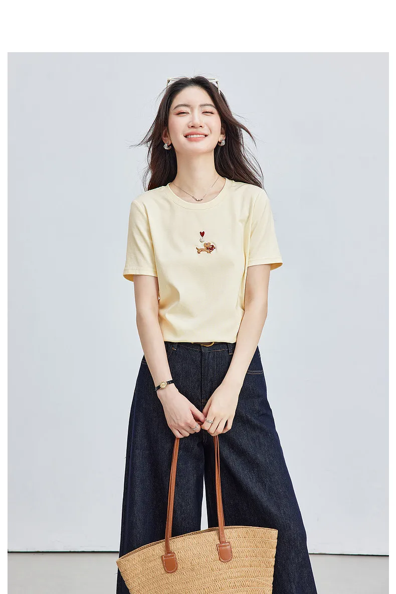 VIMLY Minimalist Cartoon Embroidered Tops for Women 2026 Summer New Versatile Casual Round Neck Cotton Short Sleeve Tee A6625