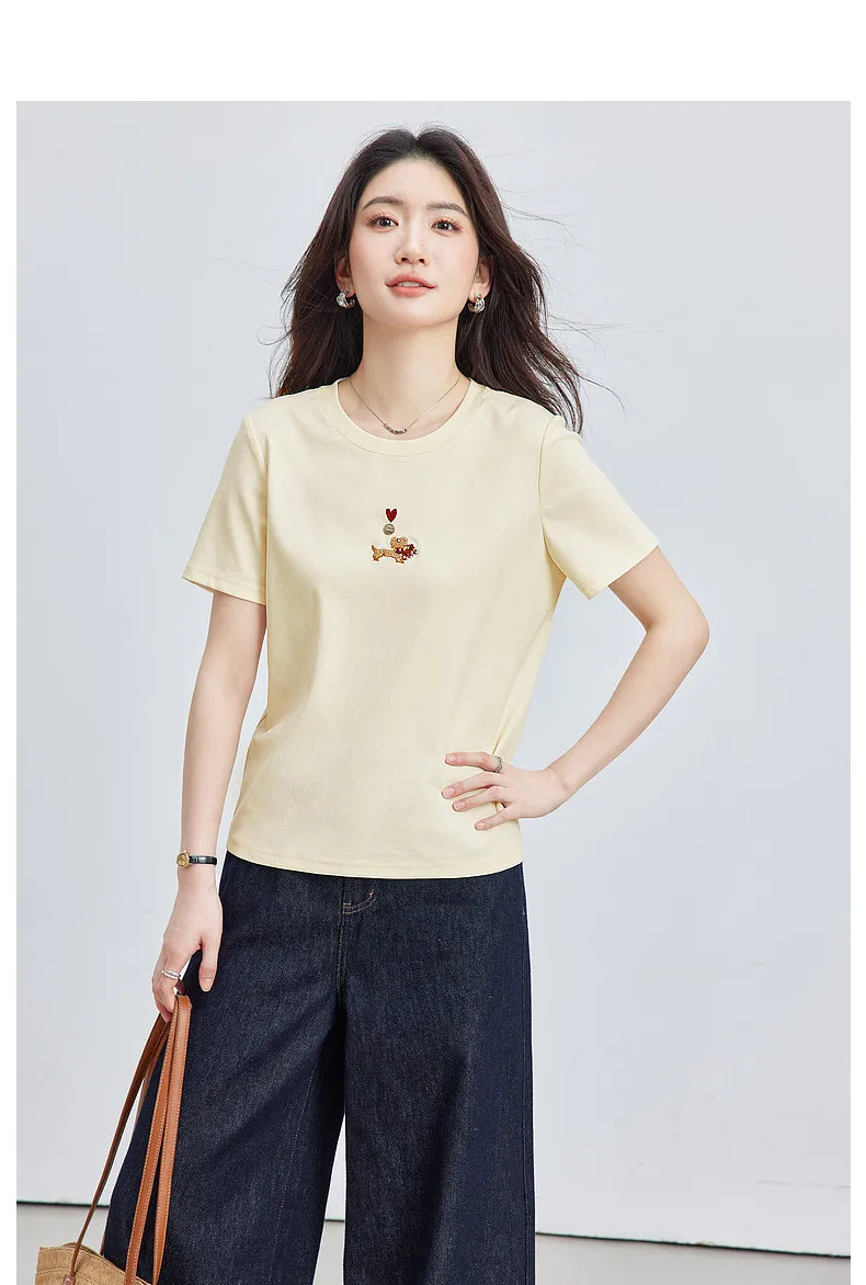 VIMLY Minimalist Cartoon Embroidered Tops for Women 2026 Summer New Versatile Casual Round Neck Cotton Short Sleeve Tee A6625