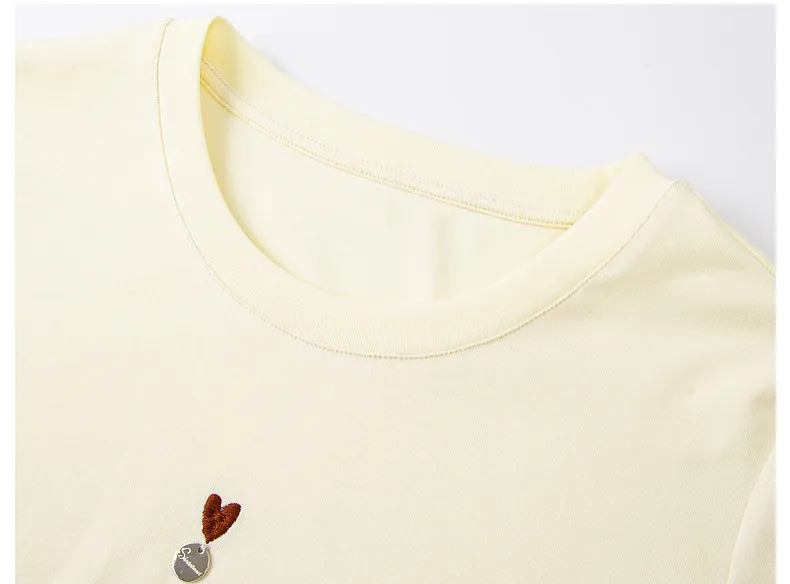 VIMLY Minimalist Cartoon Embroidered Tops for Women 2026 Summer New Versatile Casual Round Neck Cotton Short Sleeve Tee A6625