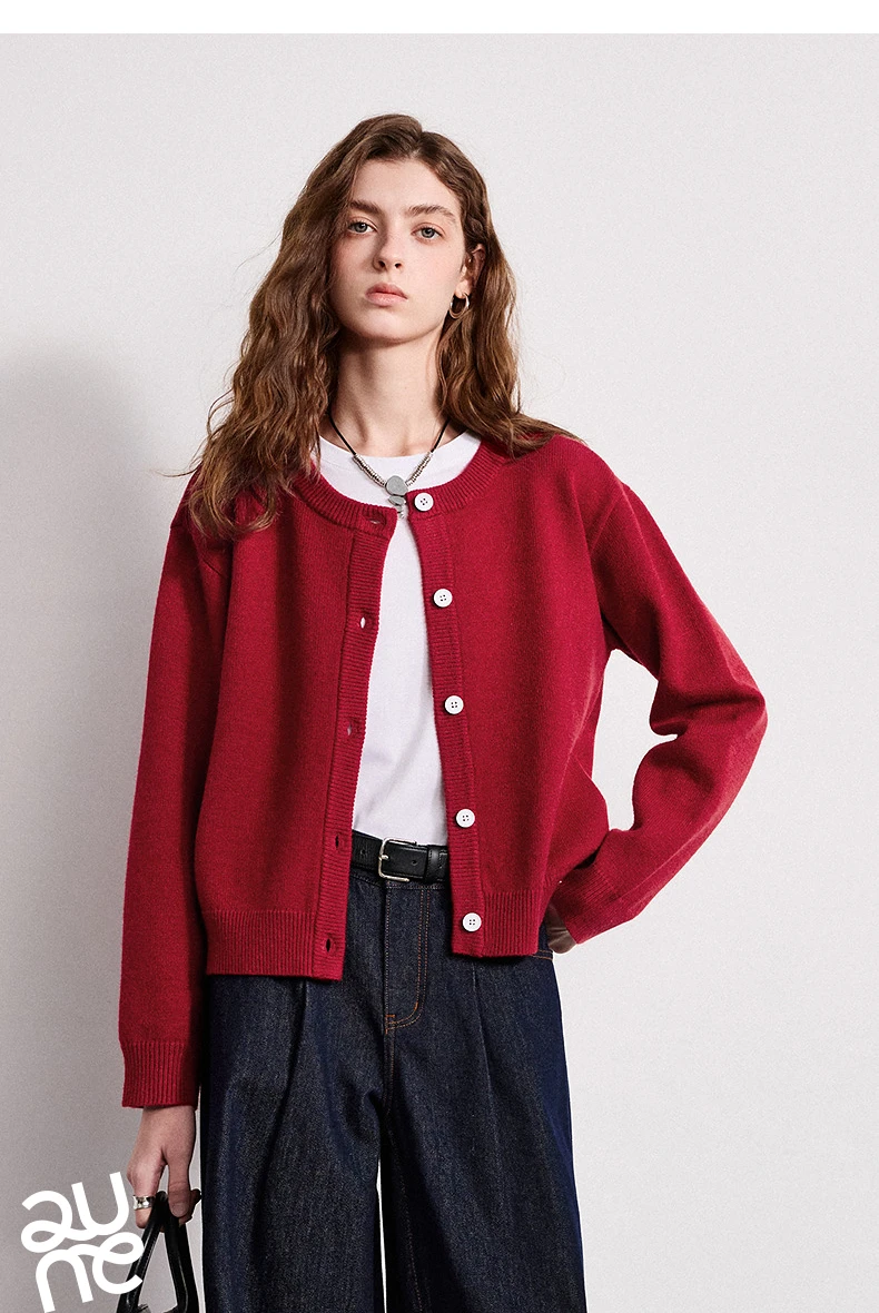 TOYOUTH Women Knitwear 2026 Spring New Crew Neck Cardigan Minimalist Intellectual Chill Tops