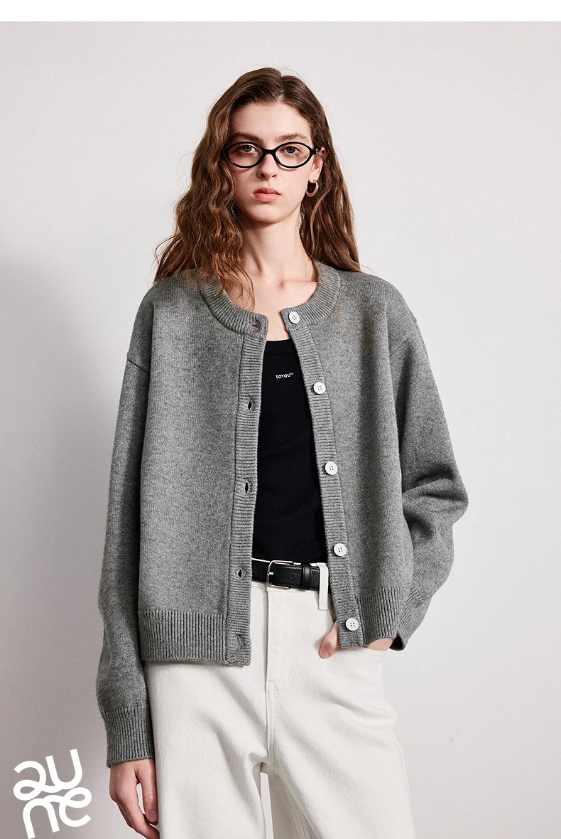 TOYOUTH Women Knitwear 2026 Spring New Crew Neck Cardigan Minimalist Intellectual Chill Tops