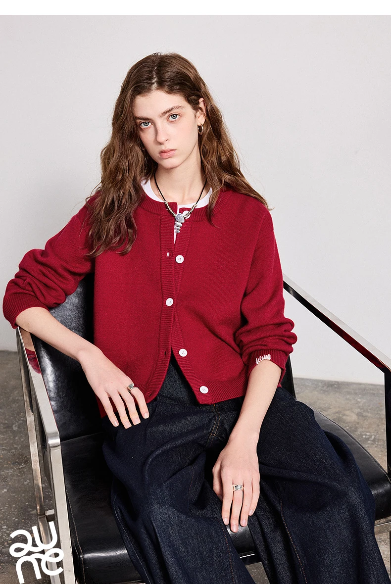 TOYOUTH Women Knitwear 2026 Spring New Crew Neck Cardigan Minimalist Intellectual Chill Tops