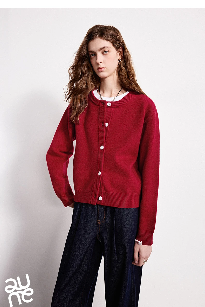TOYOUTH Women Knitwear 2026 Spring New Crew Neck Cardigan Minimalist Intellectual Chill Tops