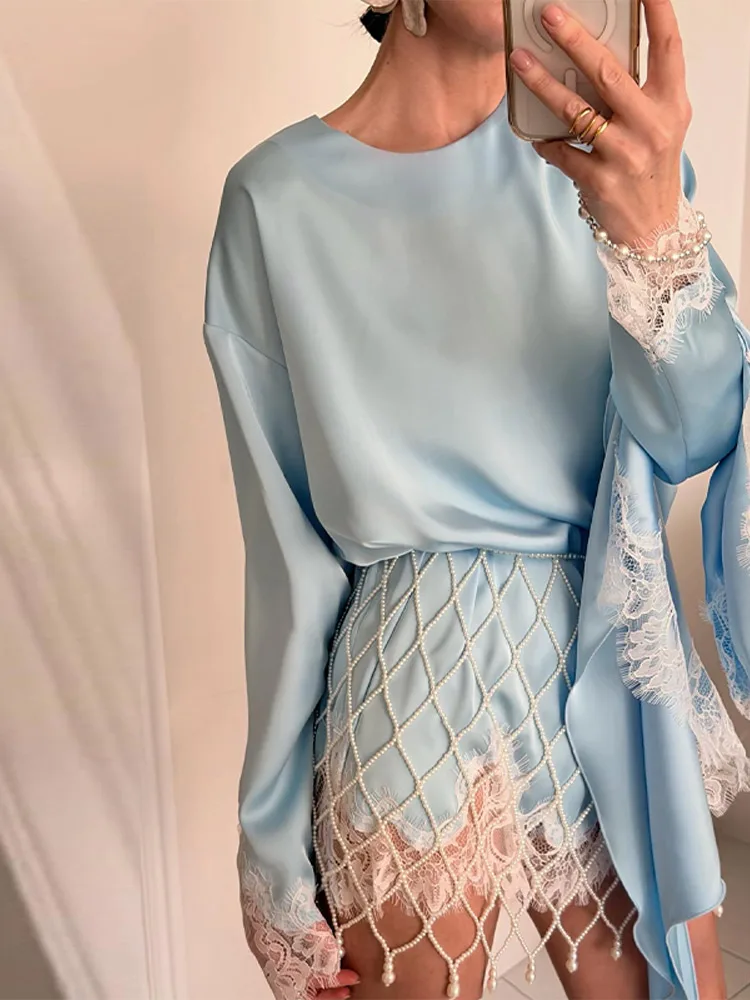 Fashion Solid Color Satin Pearl Mesh Two Piece Set Trendy Long Sleeve Lace Trim Top Fringe Mini Skirt Woman Party Bridal Outfit