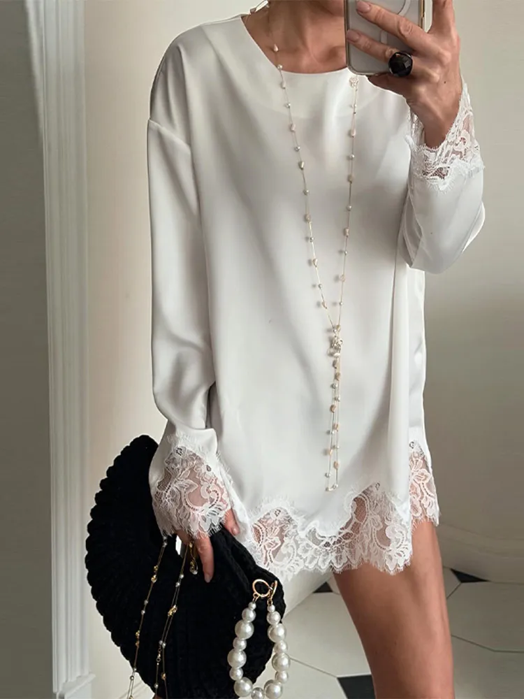 Fashion Solid Color Satin Pearl Mesh Two Piece Set Trendy Long Sleeve Lace Trim Top Fringe Mini Skirt Woman Party Bridal Outfit
