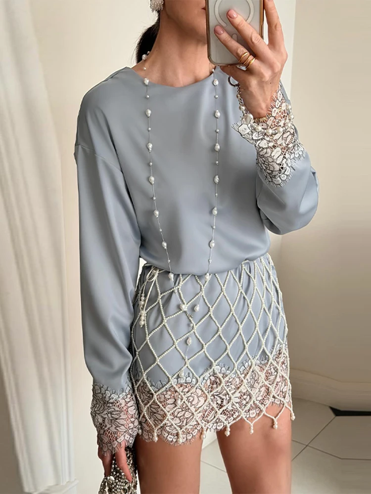 Fashion Solid Color Satin Pearl Mesh Two Piece Set Trendy Long Sleeve Lace Trim Top Fringe Mini Skirt Woman Party Bridal Outfit
