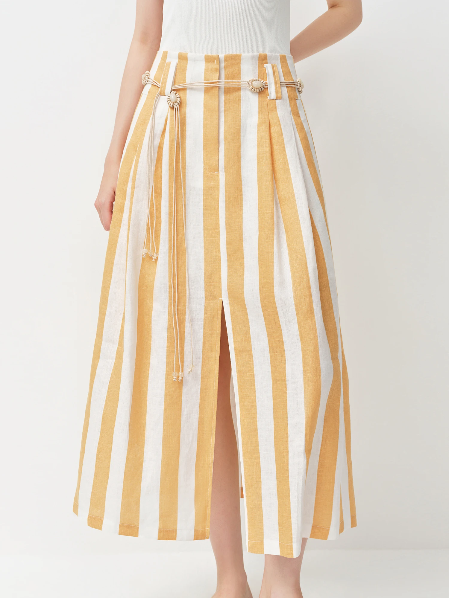 FSLE 2026 Summer Women's Lemon and White Striped A-Line Mini Skirt - Casual Nature-Inspired Flowy Style for Daily Outings