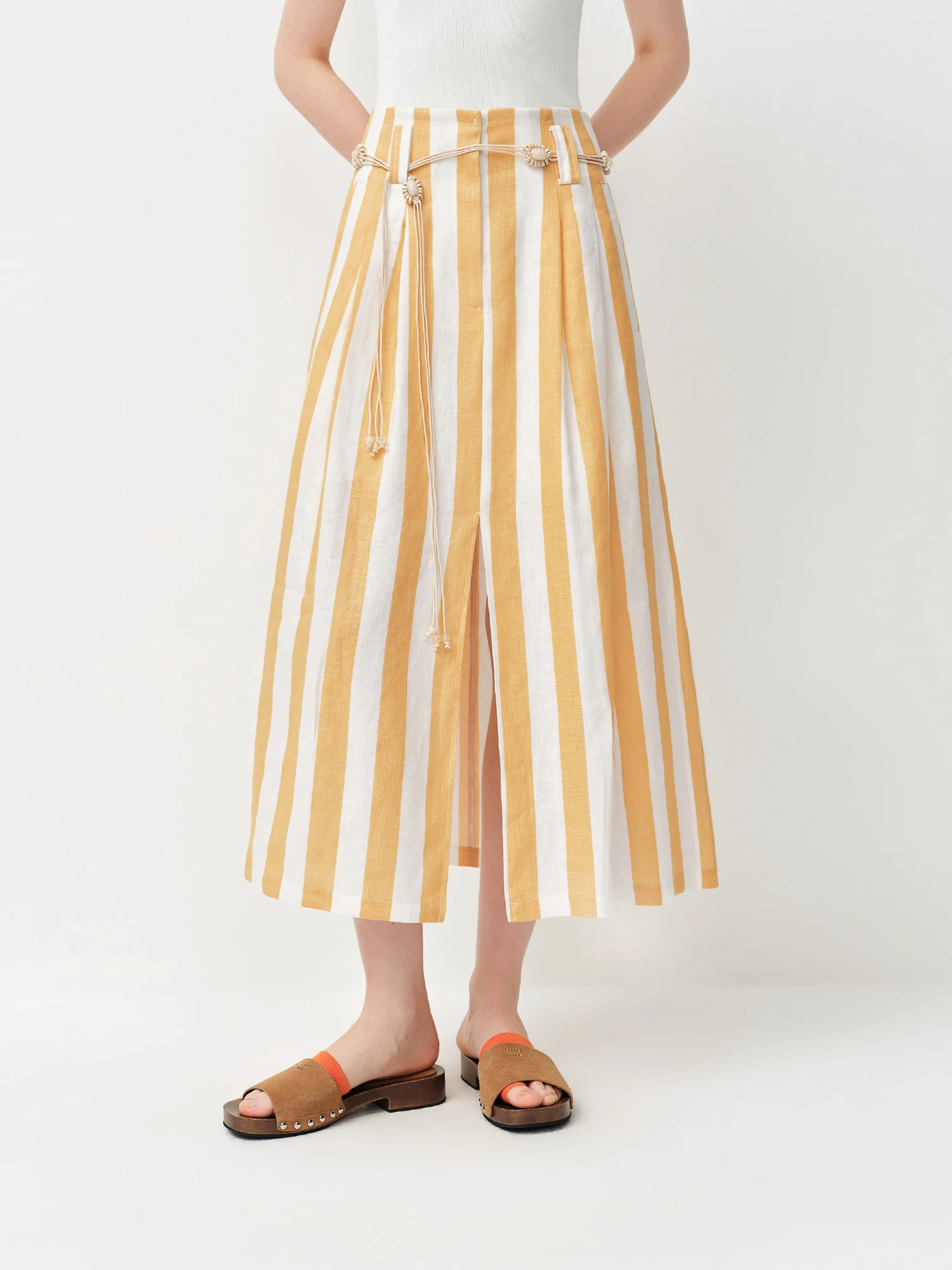 FSLE 2026 Summer Women's Lemon and White Striped A-Line Mini Skirt - Casual Nature-Inspired Flowy Style for Daily Outings