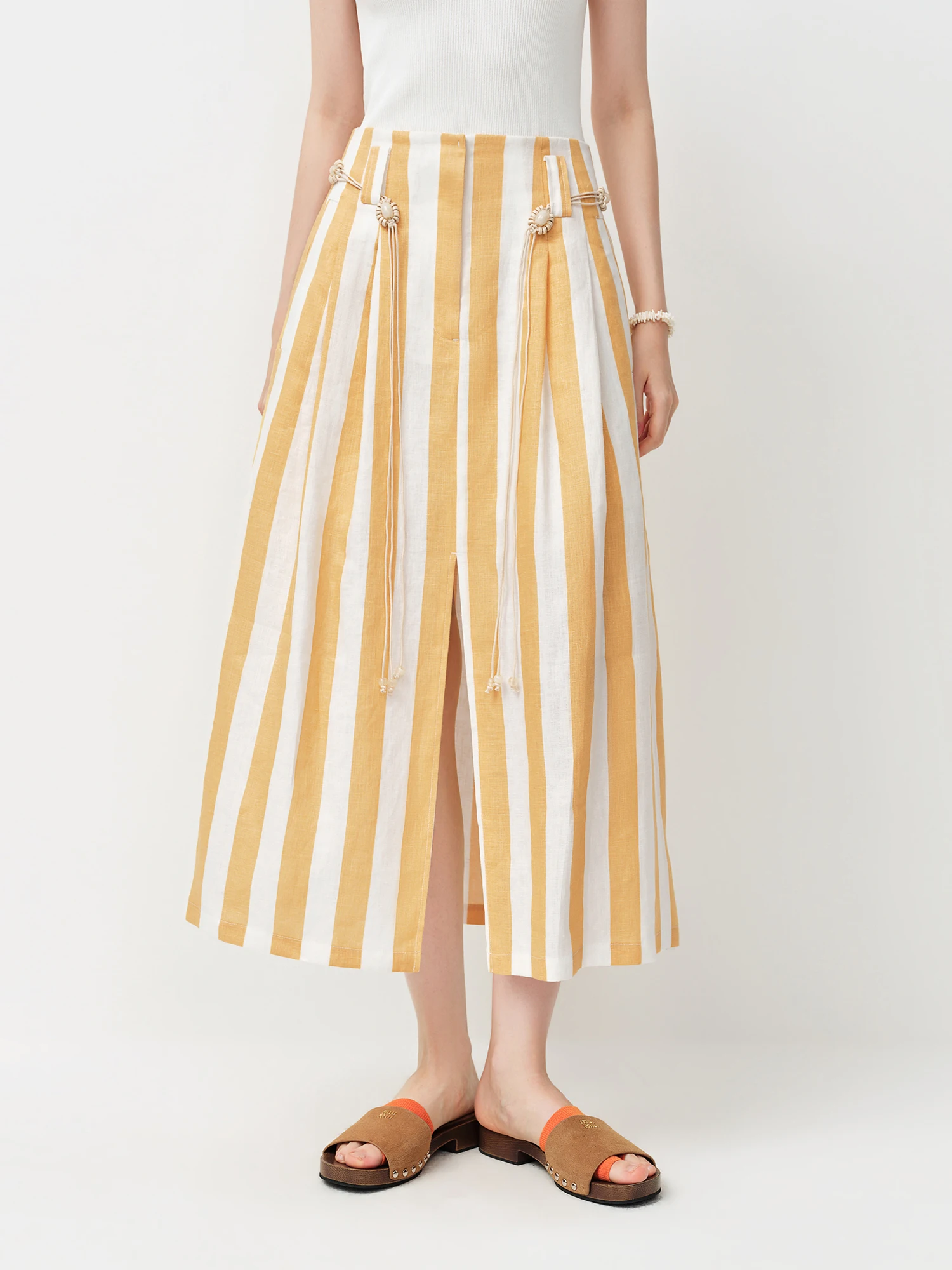 FSLE 2026 Summer Women's Lemon and White Striped A-Line Mini Skirt - Casual Nature-Inspired Flowy Style for Daily Outings