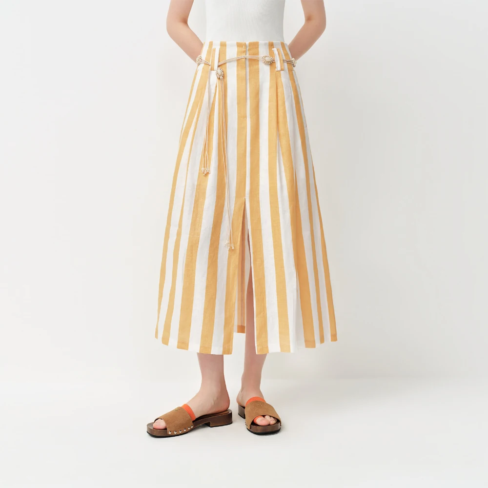 FSLE 2026 Summer Women's Lemon and White Striped A-Line Mini Skirt - Casual Nature-Inspired Flowy Style for Daily Outings