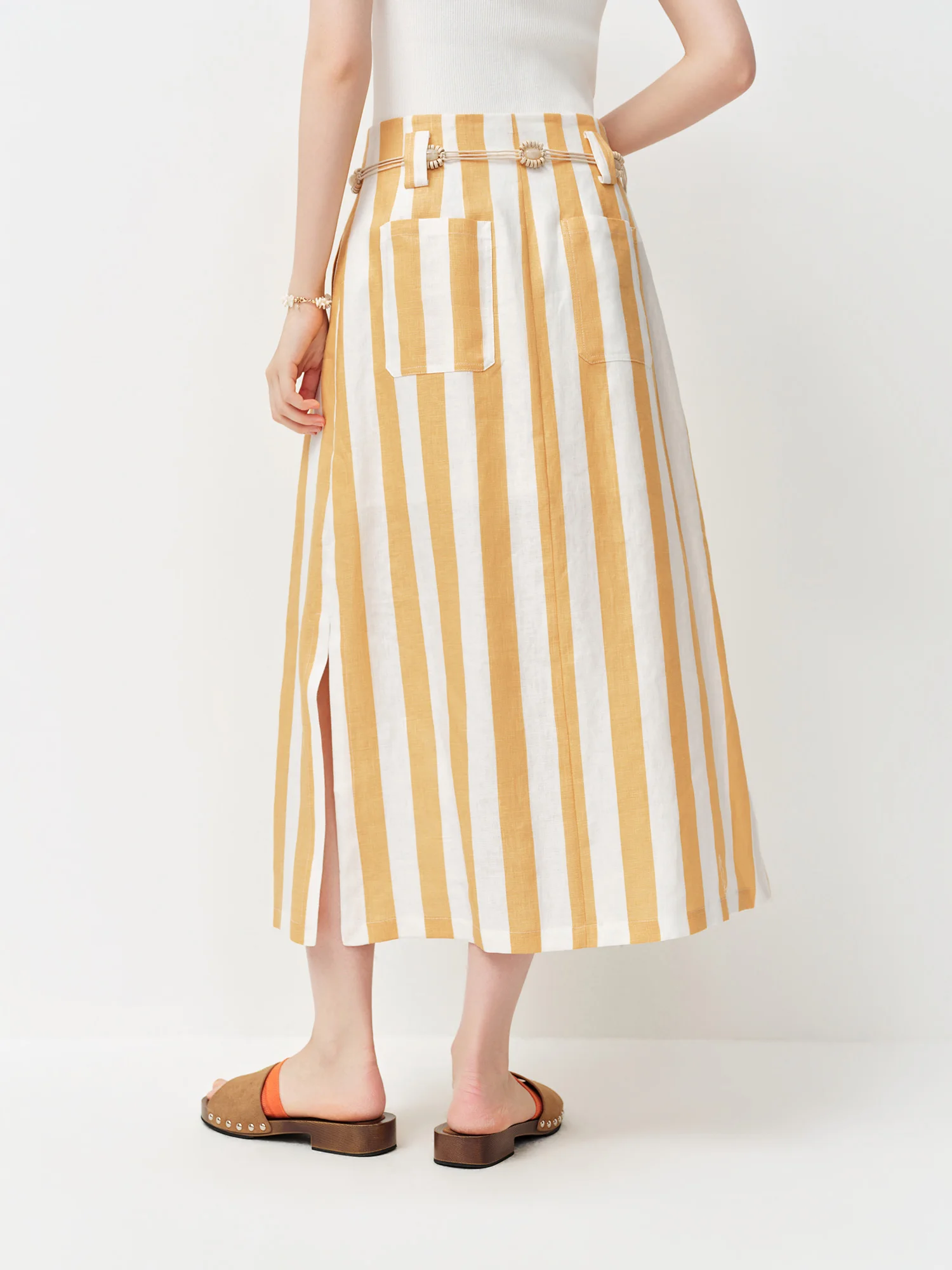 FSLE 2026 Summer Women's Lemon and White Striped A-Line Mini Skirt - Casual Nature-Inspired Flowy Style for Daily Outings
