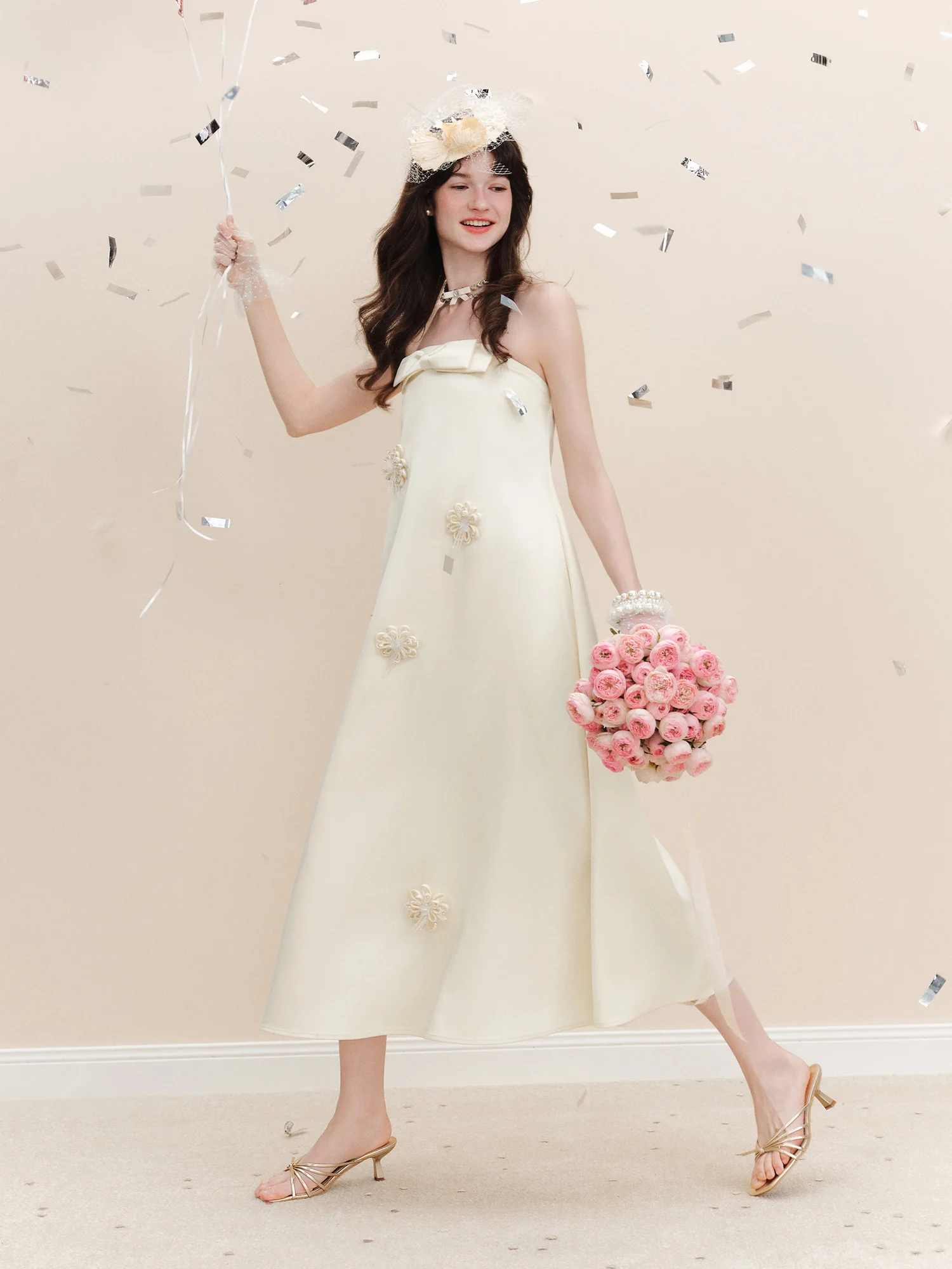 FSLE【L'amour Series】Summer Women's Strapless Satin Maxi Dress with Bow Detail Handmade Floral Appliques for Special Occasions
