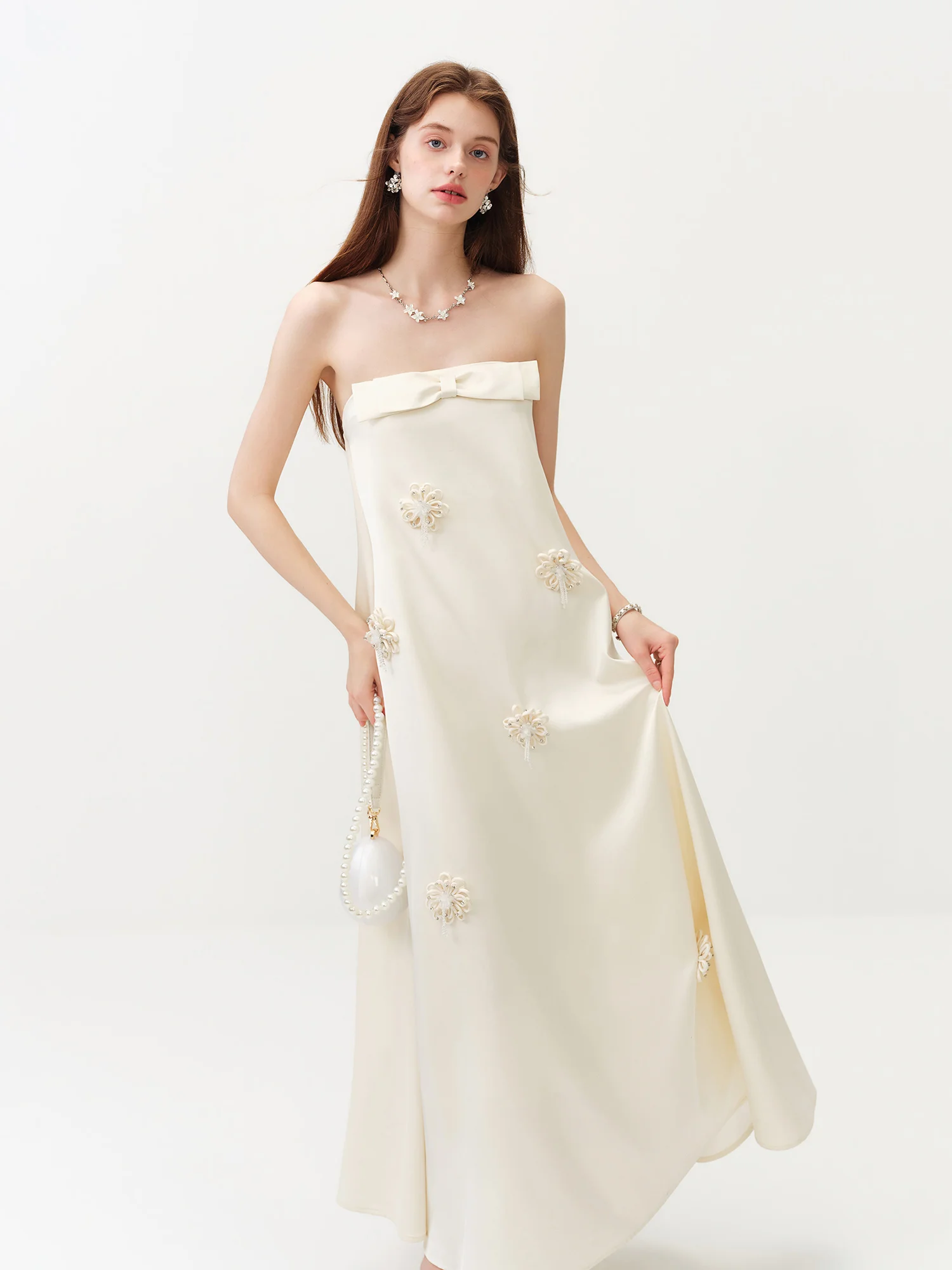 FSLE【L'amour Series】Summer Women's Strapless Satin Maxi Dress with Bow Detail Handmade Floral Appliques for Special Occasions