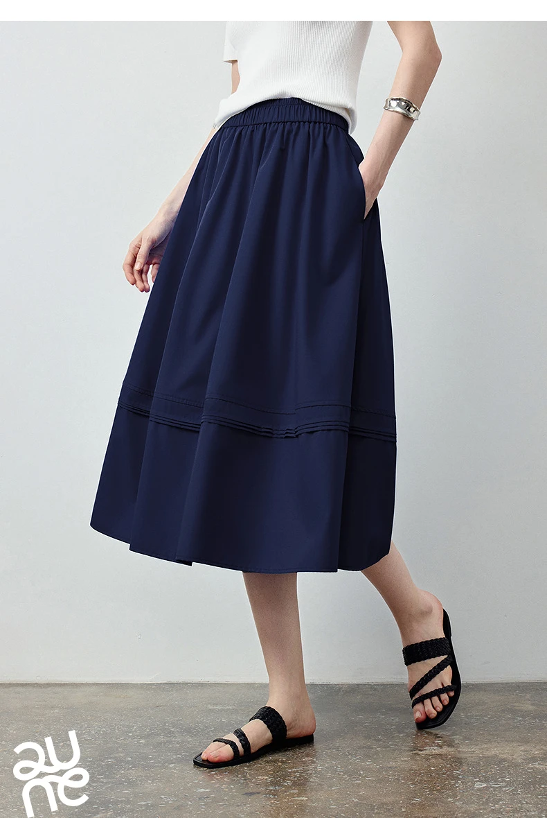 TOYOUTH Women Skirt 2026 Summer New Solid Klein Blue Pin Tuck Cocoon Silhouette Petite Midi Skirt