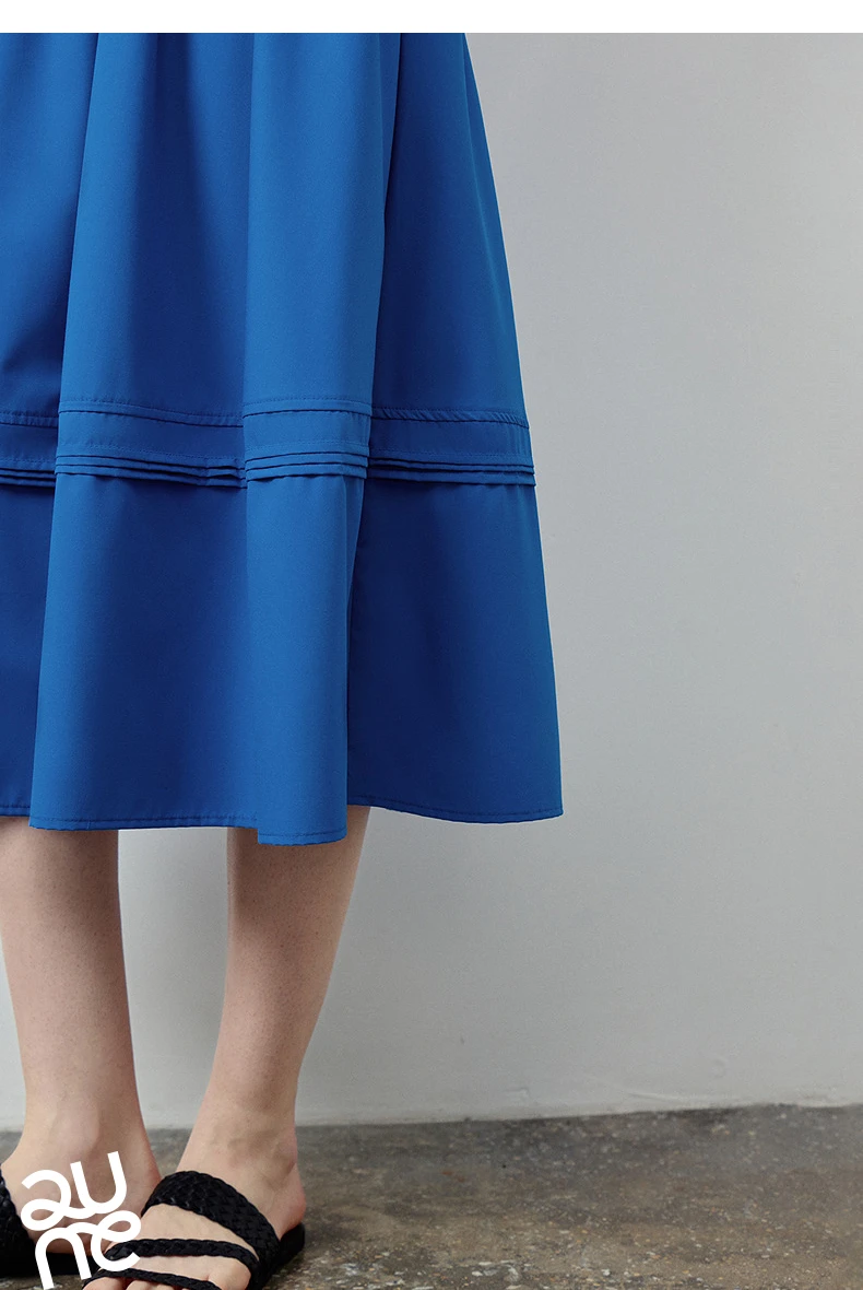 TOYOUTH Women Skirt 2026 Summer New Solid Klein Blue Pin Tuck Cocoon Silhouette Petite Midi Skirt