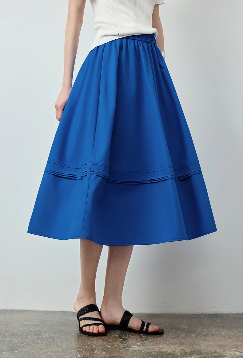 TOYOUTH Women Skirt 2026 Summer New Solid Klein Blue Pin Tuck Cocoon Silhouette Petite Midi Skirt