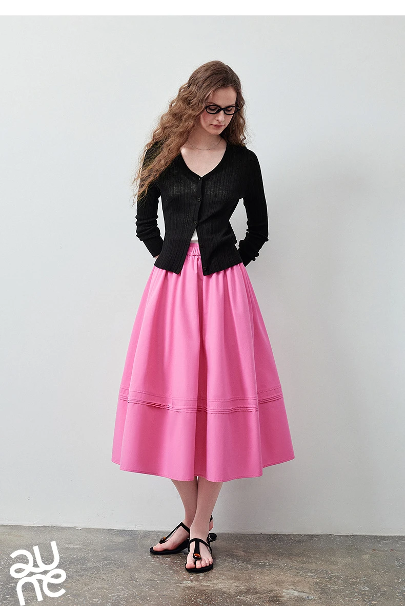 TOYOUTH Women Skirt 2026 Summer New Solid Klein Blue Pin Tuck Cocoon Silhouette Petite Midi Skirt