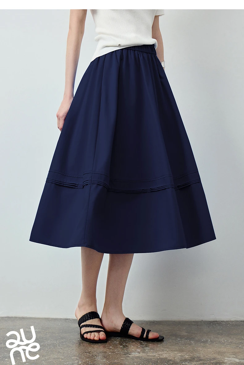 TOYOUTH Women Skirt 2026 Summer New Solid Klein Blue Pin Tuck Cocoon Silhouette Petite Midi Skirt
