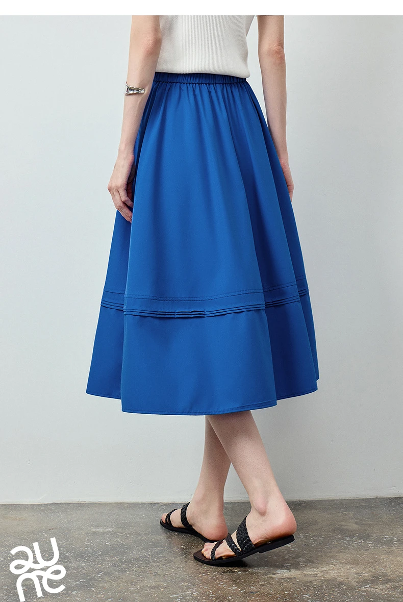 TOYOUTH Women Skirt 2026 Summer New Solid Klein Blue Pin Tuck Cocoon Silhouette Petite Midi Skirt