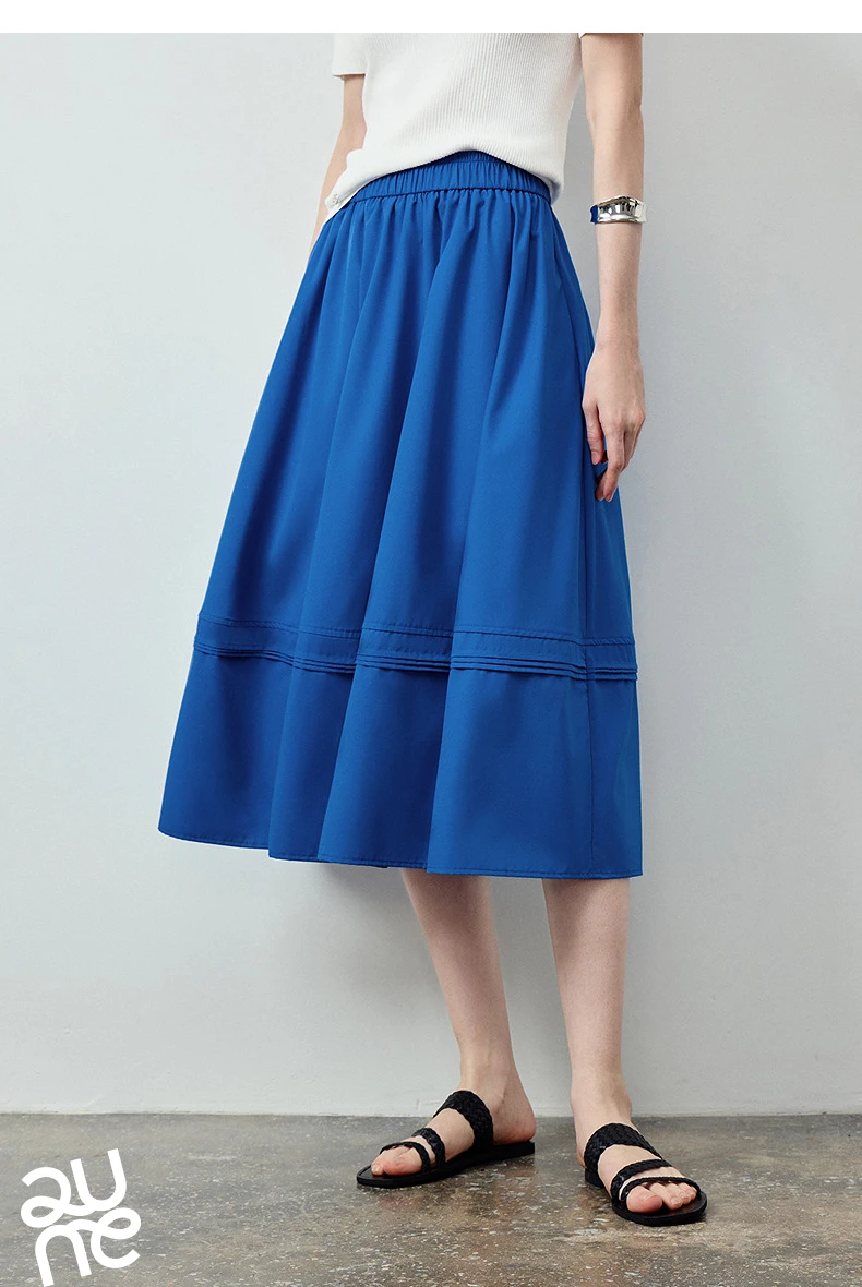 TOYOUTH Women Skirt 2026 Summer New Solid Klein Blue Pin Tuck Cocoon Silhouette Petite Midi Skirt