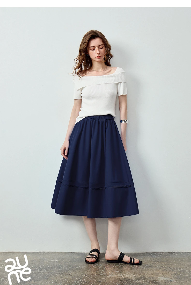 TOYOUTH Women Skirt 2026 Summer New Solid Klein Blue Pin Tuck Cocoon Silhouette Petite Midi Skirt
