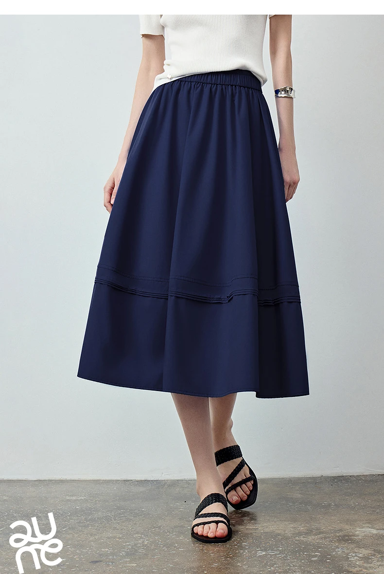 TOYOUTH Women Skirt 2026 Summer New Solid Klein Blue Pin Tuck Cocoon Silhouette Petite Midi Skirt