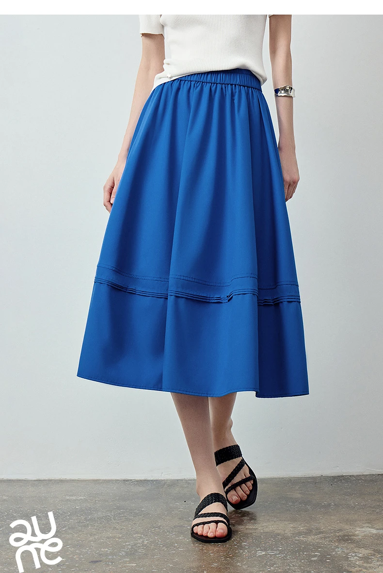 TOYOUTH Women Skirt 2026 Summer New Solid Klein Blue Pin Tuck Cocoon Silhouette Petite Midi Skirt