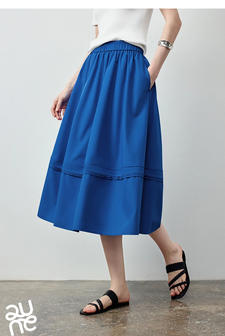 TOYOUTH Women Skirt 2026 Summer New Solid Klein Blue Pin Tuck Cocoon Silhouette Petite Midi Skirt