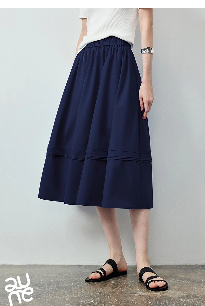 TOYOUTH Women Skirt 2026 Summer New Solid Klein Blue Pin Tuck Cocoon Silhouette Petite Midi Skirt