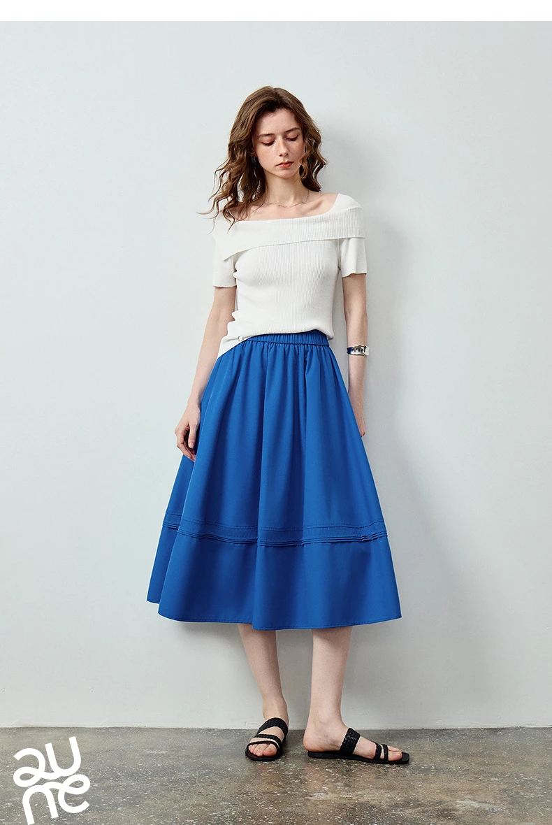 TOYOUTH Women Skirt 2026 Summer New Solid Klein Blue Pin Tuck Cocoon Silhouette Petite Midi Skirt