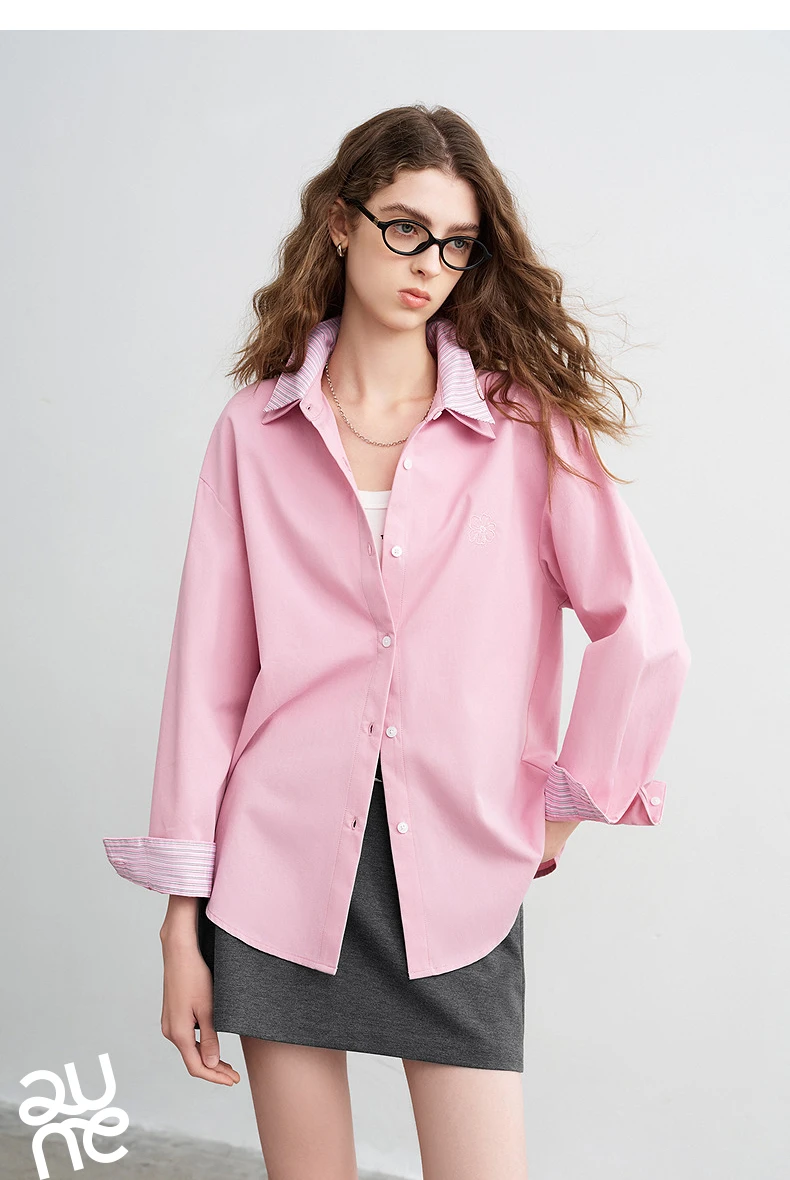 TOYOUTH Women Shirts 2026 Spring New Pure Cotton Striped Double-Layer Collar Niche Design Floral Embroidered Casual Shirt Tops